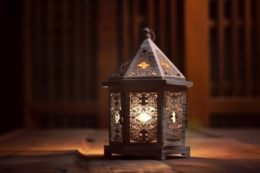 The warm and welcoming ambiance of a beautifully decorated mosque, with lanterns and candles, creates a peaceful atmosphere for prayer and reflection during Ramadan Kareem. Ai Generative