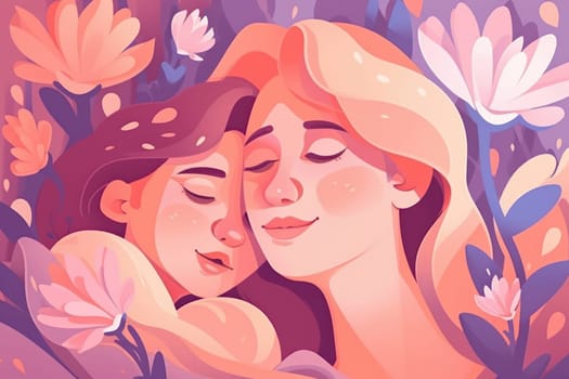 Mother and child's bond amidst a sea of colorful flowers, making it a perfect choice for Mother's Day, symbolizing the beauty and tenderness of maternal love. AI Generative