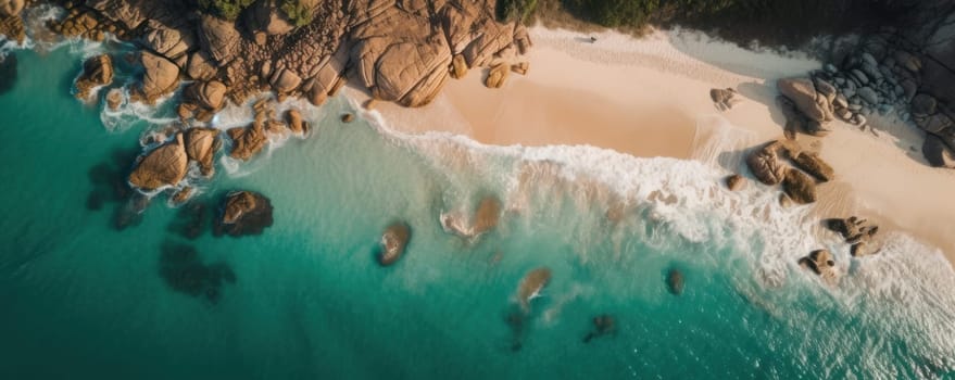 An aerial view of a sandy beach and crystal-clear ocean reveals the stunning natural beauty of the coastline and waves, creating an idyllic location for a tropical getaway. AI Generative.