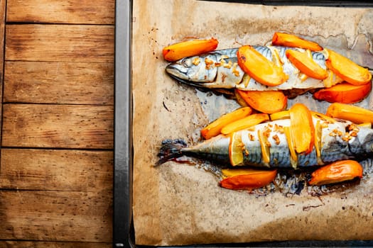Fish cooked in persimmon fruit marinade on a concrete kitchen table. Whole baked fish, mackerel. Top view.