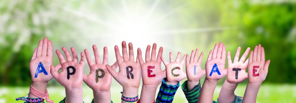 Children Hands Building Colorful English Word Appreciate. Sunny Green Grass Meadow As Background.