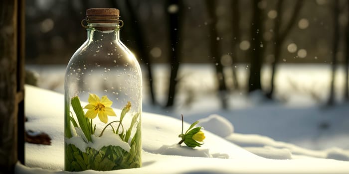 Generative AI illustration from bottle with spring inside and outdoor landscape with snow