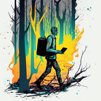 Generative AI illustration from man walking with laptop and backpack in forest