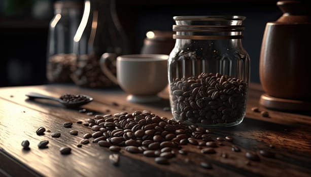 Illustration from coffee beans on rustic table with cinematic light created with Generative AI technology