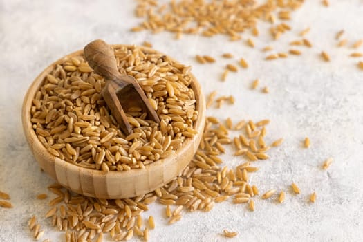 Bowl of raw dry rye grain with a wooden spoon on white table close up. Healthy alternative low gluten seeds. Protein source for vegan and vegetarian diet.