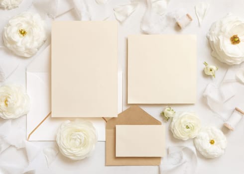 Blank cards and envelopes near cream roses and white silk ribbons top view, mockup. Romantic scene with wedding set and pastel flowers flat lay. Valentines, Spring or Mothers day concept