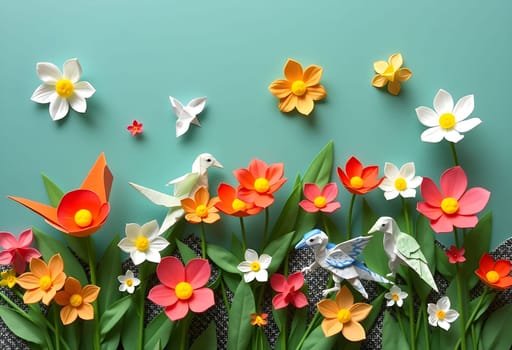 spring flowers bird origami paper color illustration 3d render summer day card generated AI alt beautiful