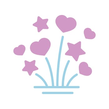 Fireworks explosion splash with stars and hearts isolated glyph icon. Vector illustration, romance elements. Sticker, patch, badge, card for marriage, valentine
