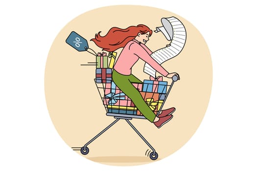Shopping discounts and sales concept. Happy young excited woman riding on trolley with shopping bags and checks feeling positive vector illustration