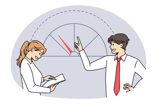 Business development and success concept. Business people colleagues standing discussing developing business meaning success and achieving result vector illustration