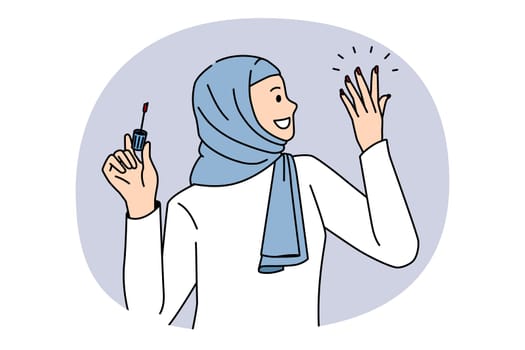 Modern Islam arabic women concept. Smiling positive arabic woman wearing traditional clothes and headwear painting her nails with polish vector illustration