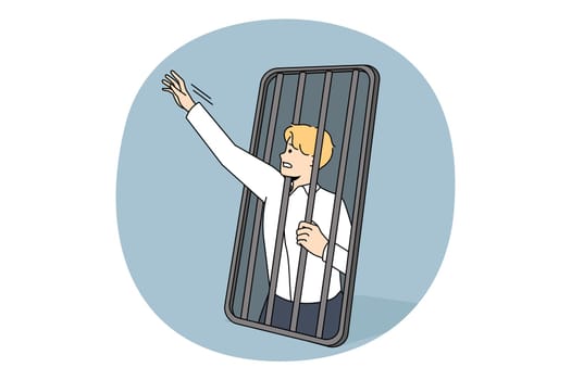 Phone and technologies addiction concept. Young stressed businessman trying to get freedom from smartphone cell feeling slave vector illustration