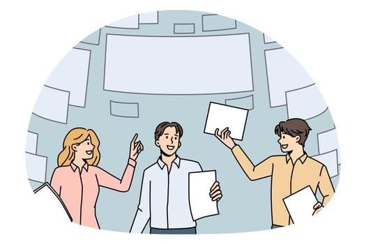 Document flow in business concept. Group of young business partners teammates standing with papers and flying documents above vector illustration
