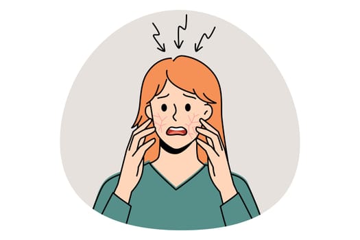 Itchy head and scalp concept. Stressed irritated woman standing and having itchy cheeks and scalp feeling problems with health vector illustration