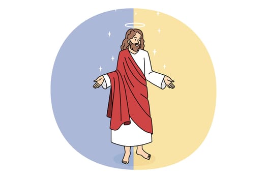 Bible and Jesus Christ concept. Kind smiling Jesus in red clothing standing and showing his big caring hands vector illustration