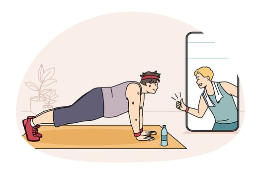 Online training and overweight concept. Smiling sweating fatty man doing sports fitness workout online looking at coach on smartphone screen at home vector illustration