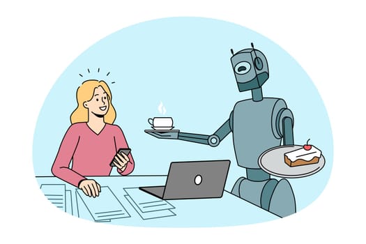 Future technologies and Artificial intelligence concept. Smiling girl sitting working and taking coffee and cake from robot bot communicating with her vector illustration