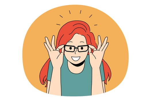 Eyewear and choosing eyeglasses concept. Smiling red haired girl trying on and choosing elegant eyeglasses in optic over orange background vector illustration