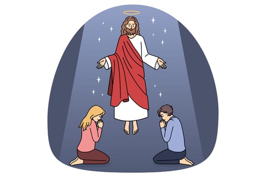 Religion and Christianity education concept. Kind smiling Jesus in red clothing flying over sitting and praying people taking care of them vector illustration
