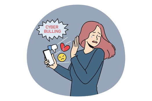Cyber bullying and online crime concept. Stressed crying girl standing and trying not to look at smartphone with dislikes and negative information vector illustration