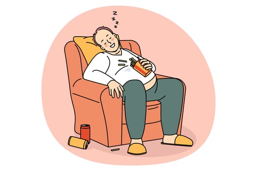 Unhealthy lifestyle and diet concept. Smiling over weight fatty man sitting napping in armchair after drinking soda and eating french fries vector illustration
