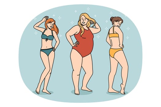Body positive and happy lifestyle concept. Group of happy cheerful slim and plus size obsolete women dancing in bikini having fun enjoying life together vector illustration