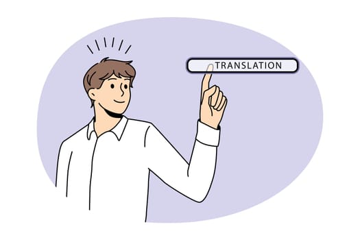 Translation online technologies button concept. Young man worker choosing translation in search bar on virtual screen language transcription internet networking vector illustration
