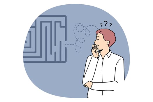 Frustration and business strategy concept. Businessman standing and looking at labyrinth thinking trying to choose between many opportunities and ways making choice vector illustration