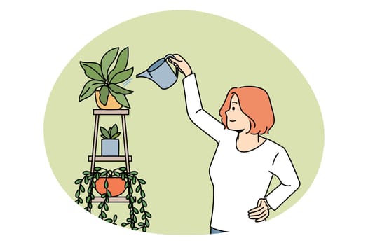 House plants and botany concept. Smiling woman standing and watering green growing house plants with can taking care vector illustration