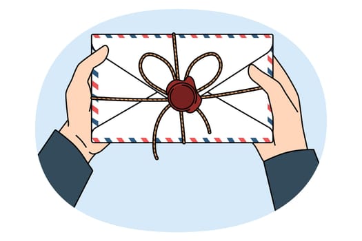 Post service and letter concept. Postman hands holding letter for person with official post stamp in envelope vector illustration