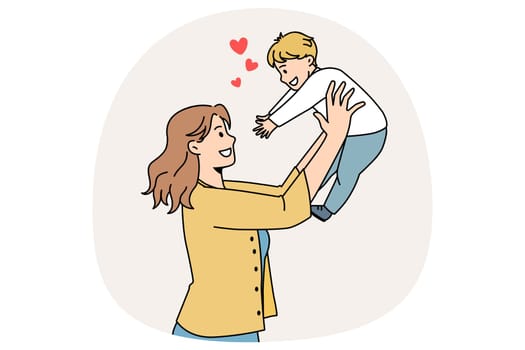 Happy parenthood and motherhood concept. Smiling young woman mother standing and holding her small baby boy reaching for her feeling love vector illustration