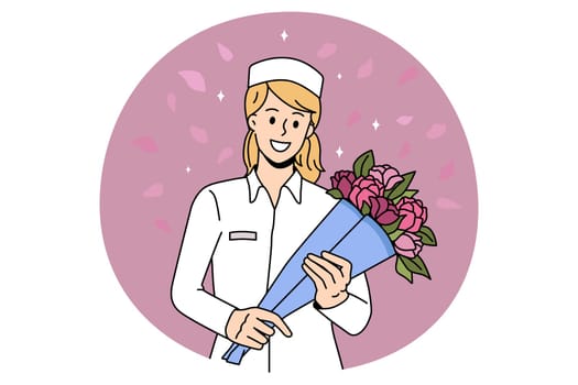 Thank you doctor and Nurses concept. Smiling woman doctor or nurse standing with bouquet of flowers fighting coronavirus vector illustration