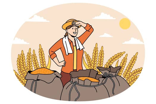 Agriculture farming and nature concept. Smiling woman farmer standing after working day with sacks full of harvested rye in field vector illustration