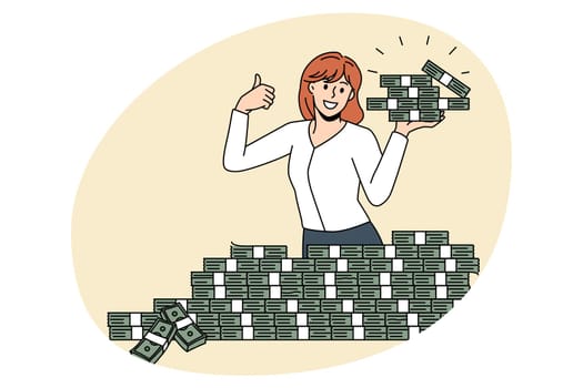 Financial success and big money concept. Smiling woman worker standing and holding heaps of cash money showing thumbs up sign vector illustration