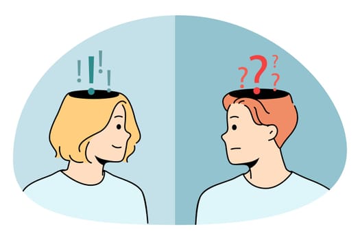 Doubt asking and declaiming concept. Frustrated man asking with question mask on head looking at confident woman having answer feeling sure vector illustration