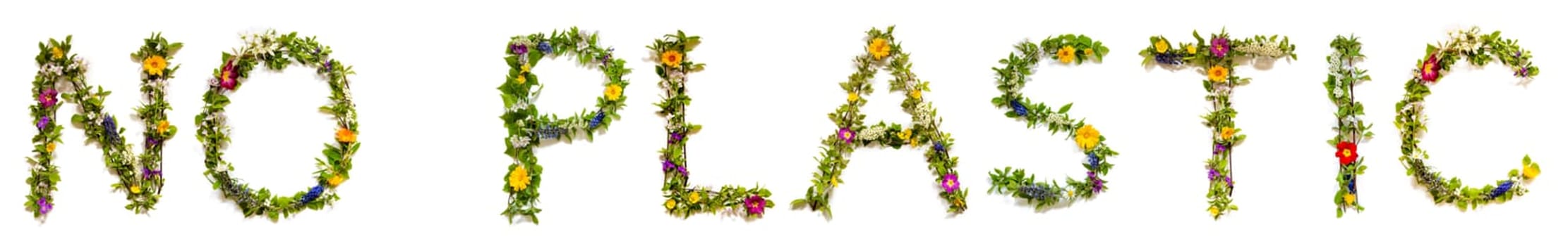 Colorful Flowers Building English Text No Plastic, Some Green And Some Spring Flowers on Isolated White Background, Symbolic Meaning, Quote