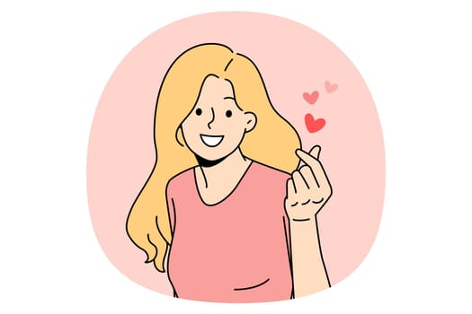Expressing love and romance concept. Young positive girl feeling love and care in fingers and hands over pink air background vector illustration