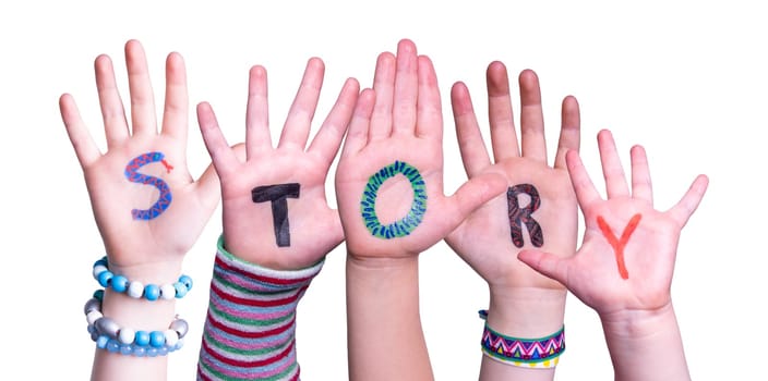 Children Hands Building Colorful English Word Story. Isolated White Background.
