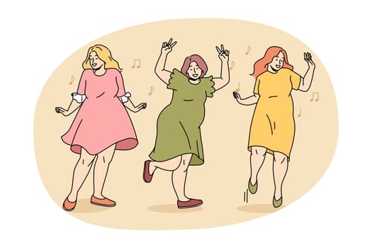 Body positive and lifestyle concept. Group of happy cheerful young women plus size obsolete dancing having fun enjoying life together vector illustration