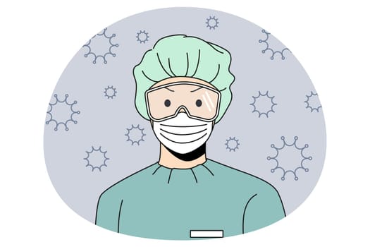 Protective work wear and pandemic concept. Doctor wearing hat mask glasses and uniform standing during covid-19 epidemic and bacterias flying around vector illustration