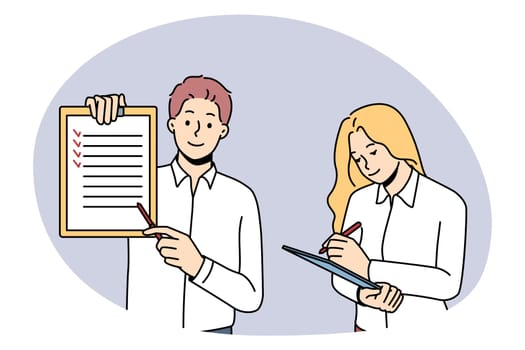 Business training and coach concept. Young smiling businessman coach trainer standing and showing presentation teaching young woman worker vector illustration