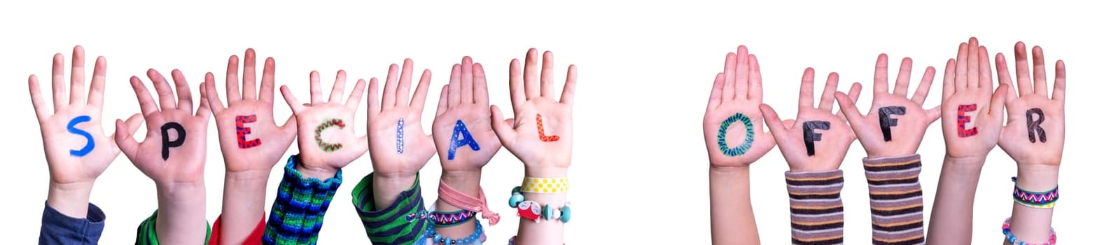 Children Hands Building Colorful English Word Special Offer. Isolated White Background.