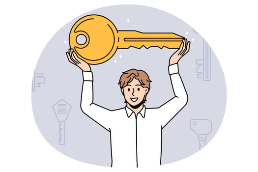 Real estate and accommodation concept. Smiling man standing holding big key in raised hands buying or renting new apartment house or car vehicle sale vector illustration