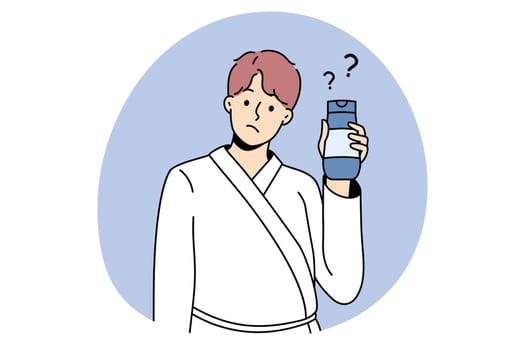 Cosmetics and treatments for men concept. Young man wearing bathtub standing cosmetic bottle in hands with question mark nearby vector illustration