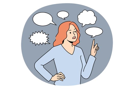 Thinking communication and chat concept. Young frustrated woman standing pointing at speech bubble above communicating thinking vector illustration