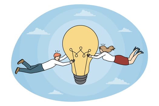 Business creativity and Teamwork concept. Young smiling partners colleagues teammates having great innovative idea reaching for success in business vector illustration
