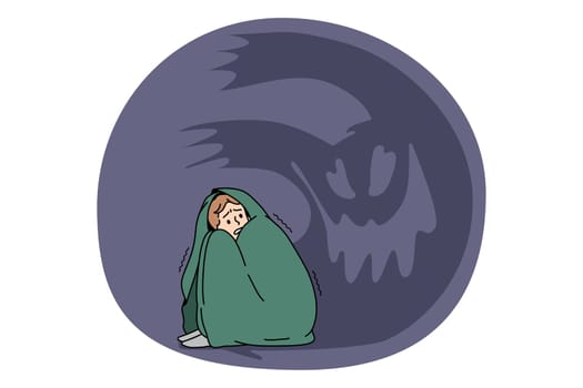 Fears panic and nightmare concept. Young stressed boy covered with blanket sitting on ground feeling ghost around panic and nervous problems vector illustration