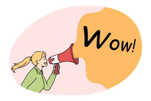 Announcement Getting attention and promotion concept. Young businesswoman standing and shouting at megaphone speaker with wow lettering sign vector illustration