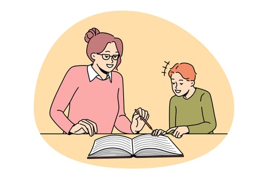 Education teaching and learning concept. Smiling boy pupil and woman teacher sitting and reading book together getting knowledge vector illustration