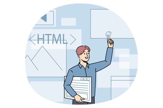 Computer programming and html concept. Young man web designer computer programmer standing and pointing at emails html and graphics vector illustration